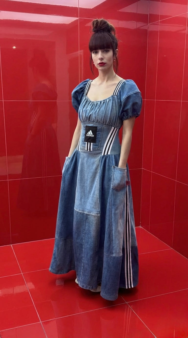 adidas denim dress Reworked Dress, Puff Sleeve Patchwork Dress, Upcycled Jeans Dress, 3 Stripe Detail, One of a Kind gender department:Boy CELINE - Midi Polo Inspired by 90s fashion Size:(FR)36