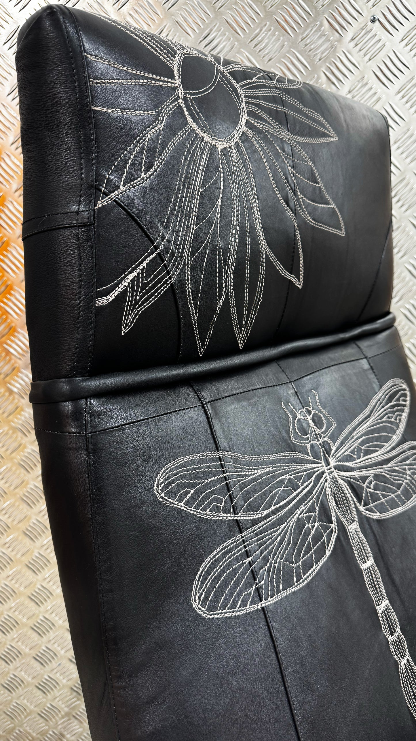 Parker Knoll- Black Leather-dragonfly and floral embroidery