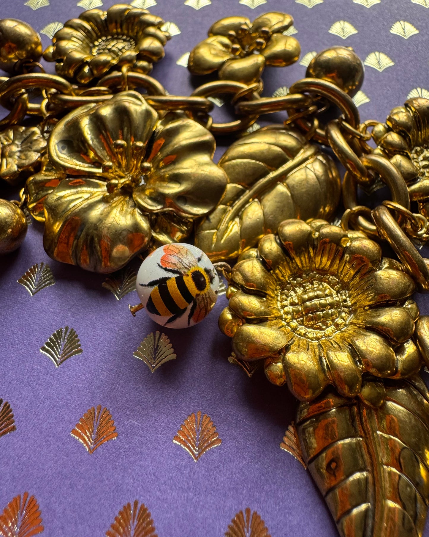 Gold-Tone Chunky Flower,ladybird & Bee Charm Bracelet