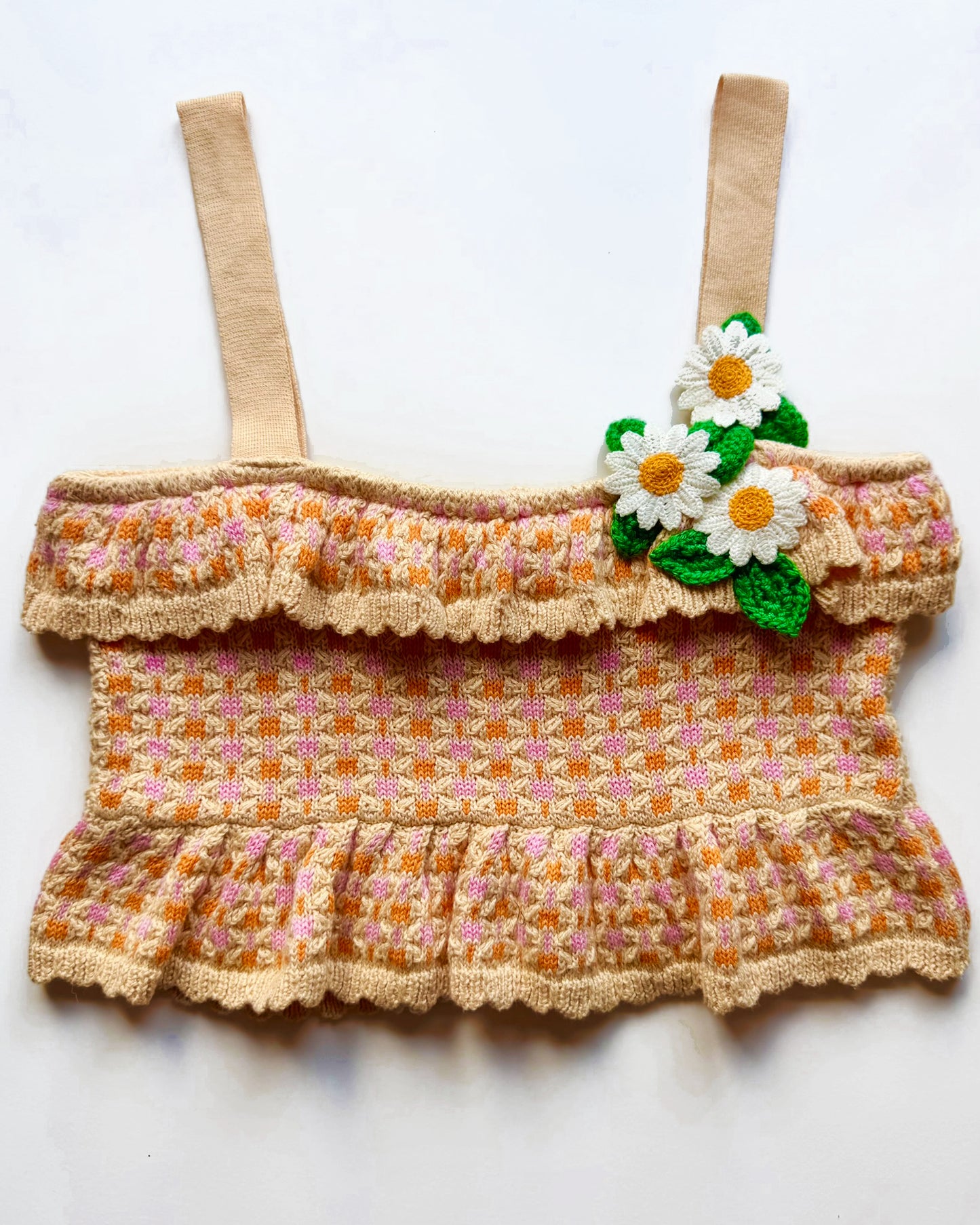 Knitted frill hem cropped square neck top with daisy crochet flower