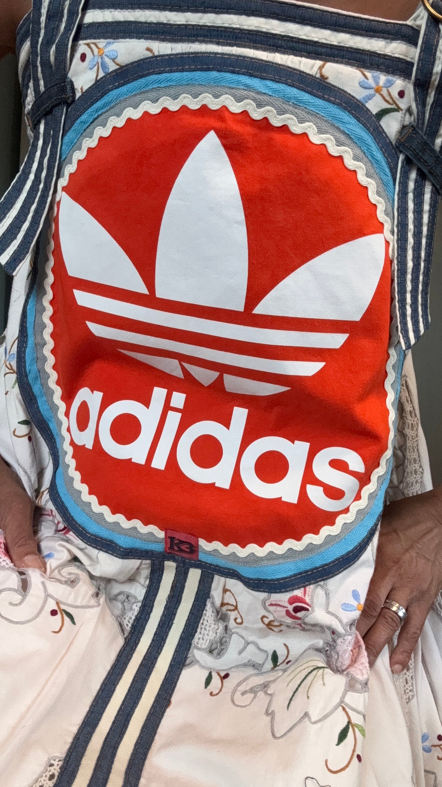vintage cotton and lace embroidered Adidas logo dress with denim trim