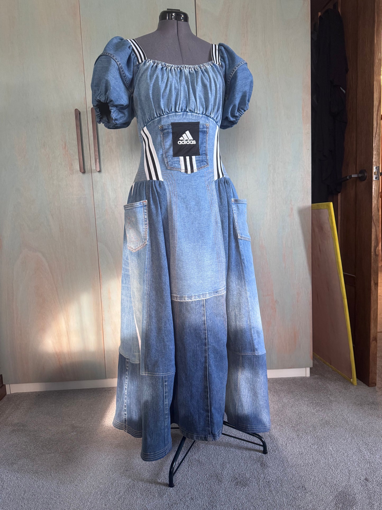 Reworked Adidas Denim Dress, Puff Sleeve Patchwork Dress, Upcycled Jeans Dress, 3 Stripe Detail, One of a Kind