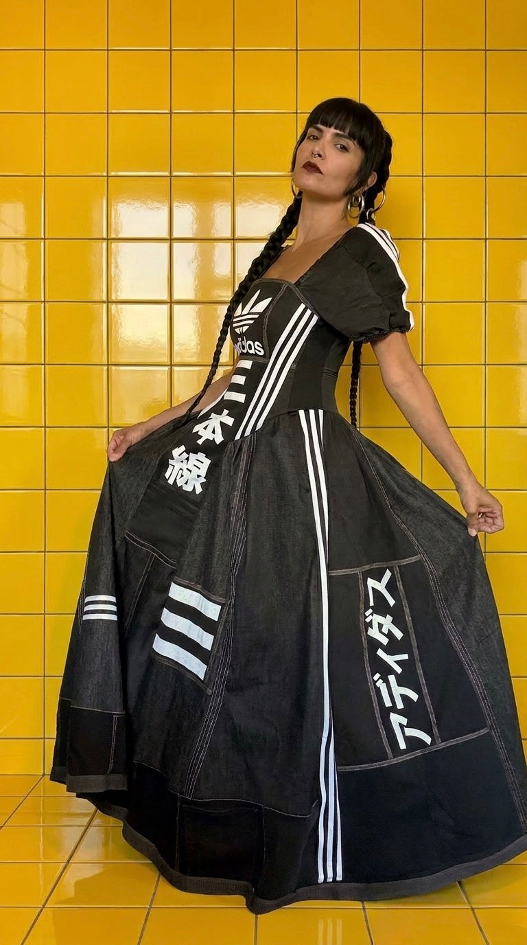Adidas Reworked Corset Maxi Dress | Monochrome Sports Luxe Statement Dress | Upcycled One-Off Piece