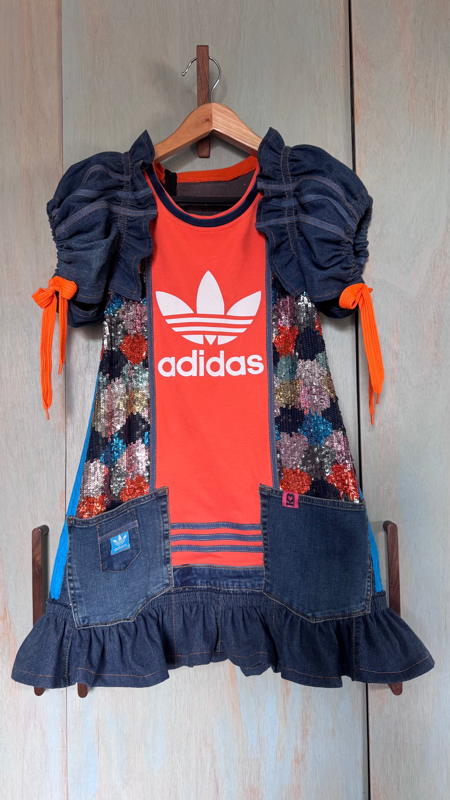 Reworked Adidas Denim & Sequin Mini Dress/adidas | Festival Dress | Puff Sleeve | One of a Kind Upcycled Fashion
