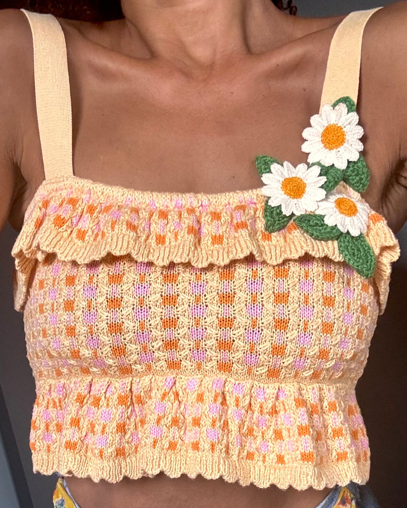 Knitted frill hem cropped square neck top with daisy crochet flower