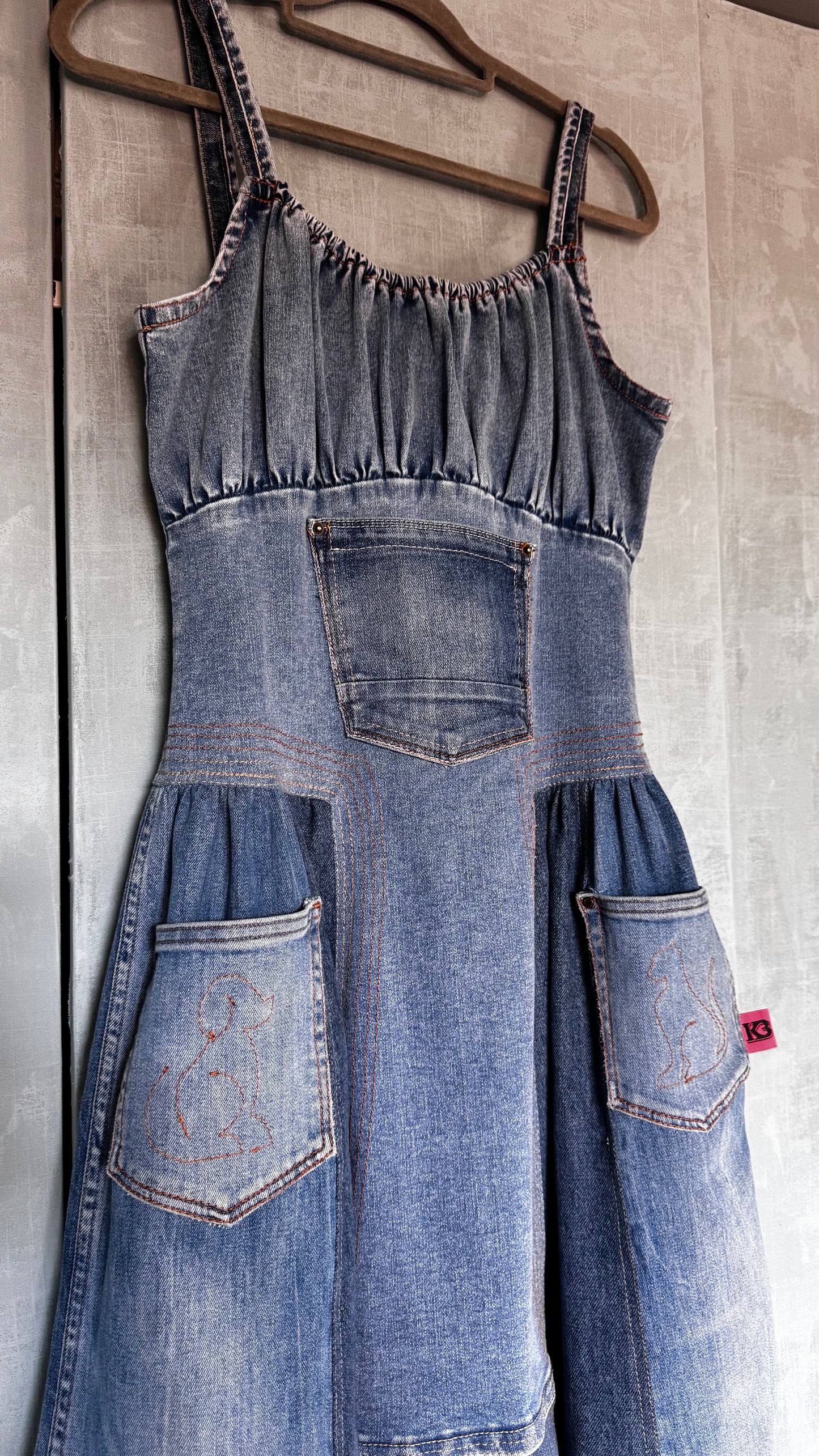 Denim maxi dress, multi tone denim, dog and cat pockets