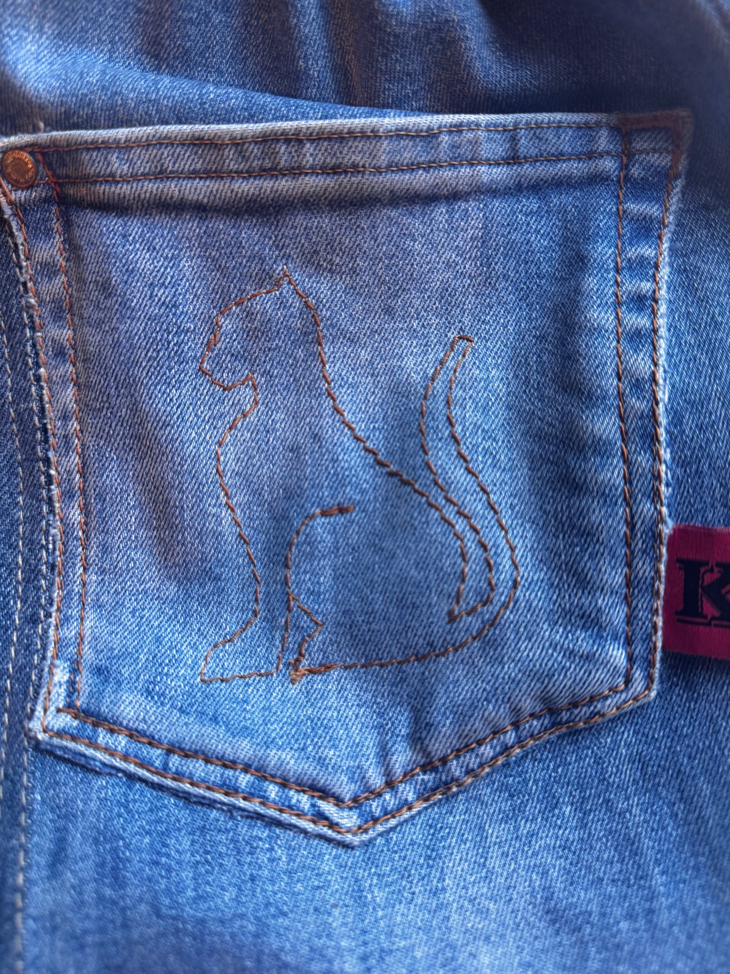 Denim maxi dress, multi tone denim, dog and cat pockets