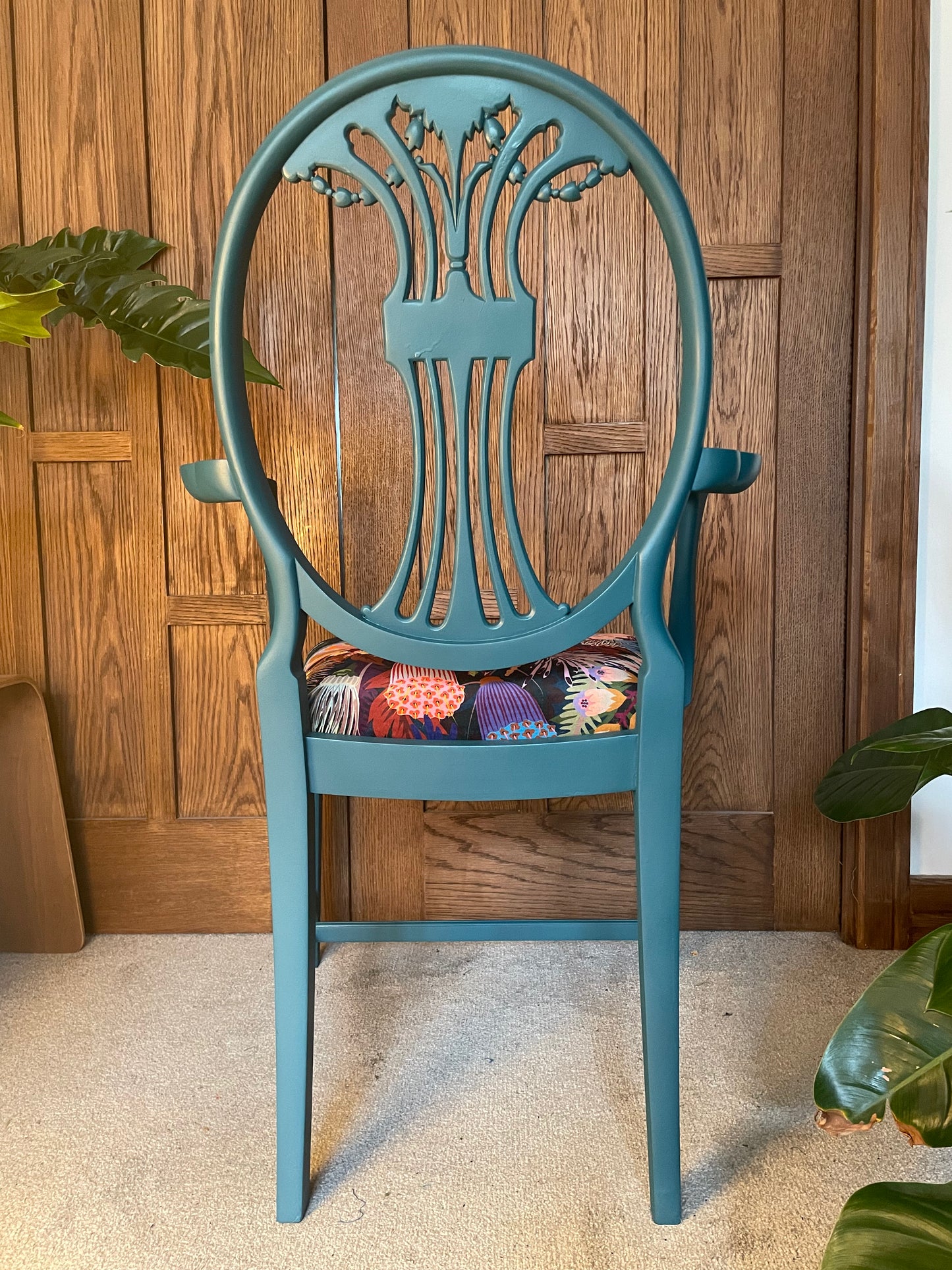 Vintage repro Hepplewhite chair covered in Studio Coverdale velvet