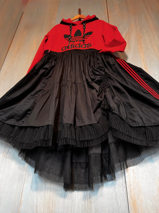 Adidas Orange Hooded Jersey & Poplin Cotton Mix Dress with Tulle Hem – Oversized