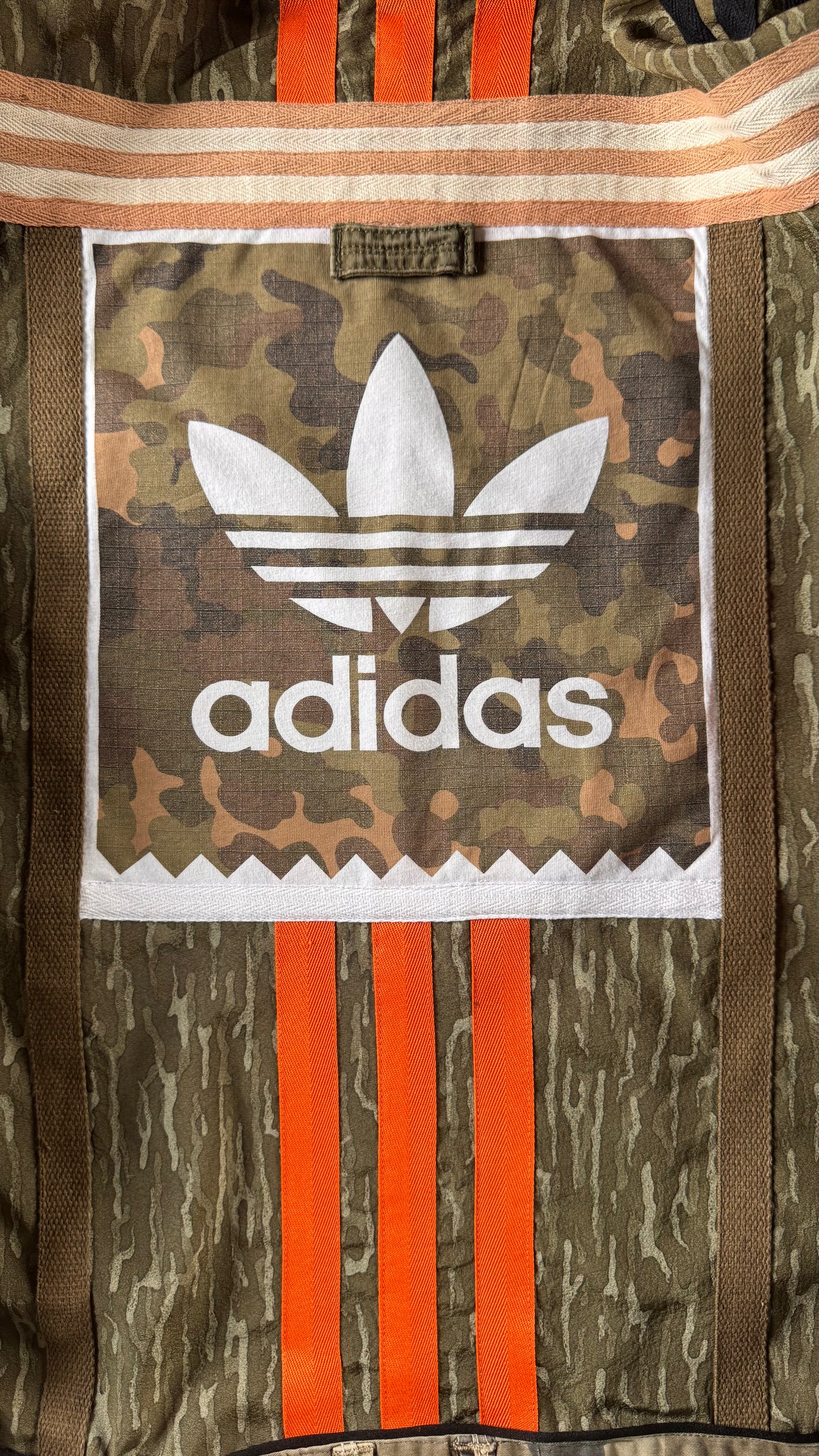 Kimono with Camo print Khaki orange trim Utility pockets and hood