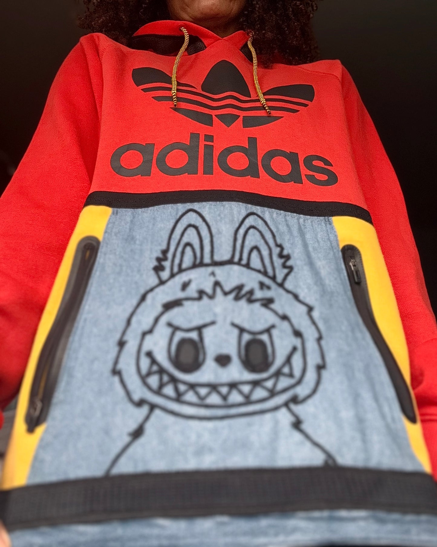 Labubu hoodie with embroidered Labubu, Adidas hybrid.