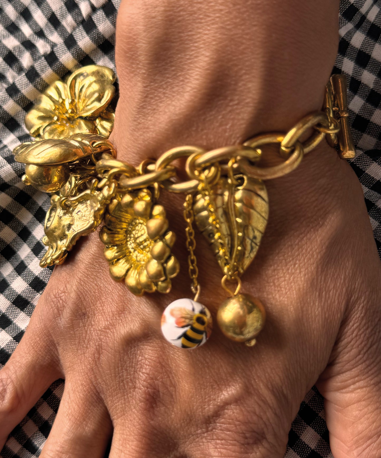 Gold-Tone Chunky Flower,ladybird & Bee Charm Bracelet