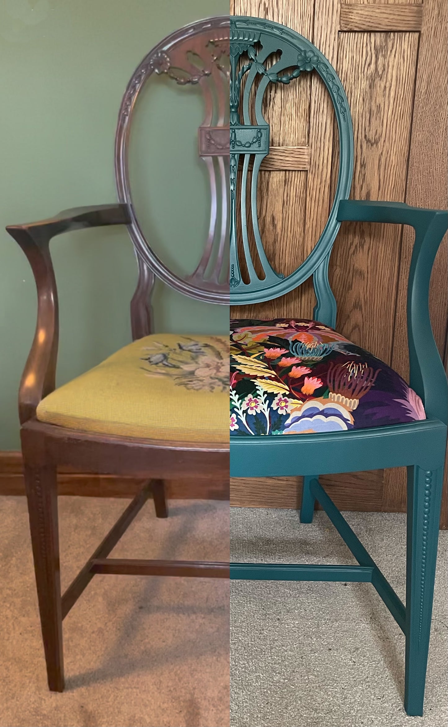 Vintage repro Hepplewhite chair covered in Studio Coverdale velvet