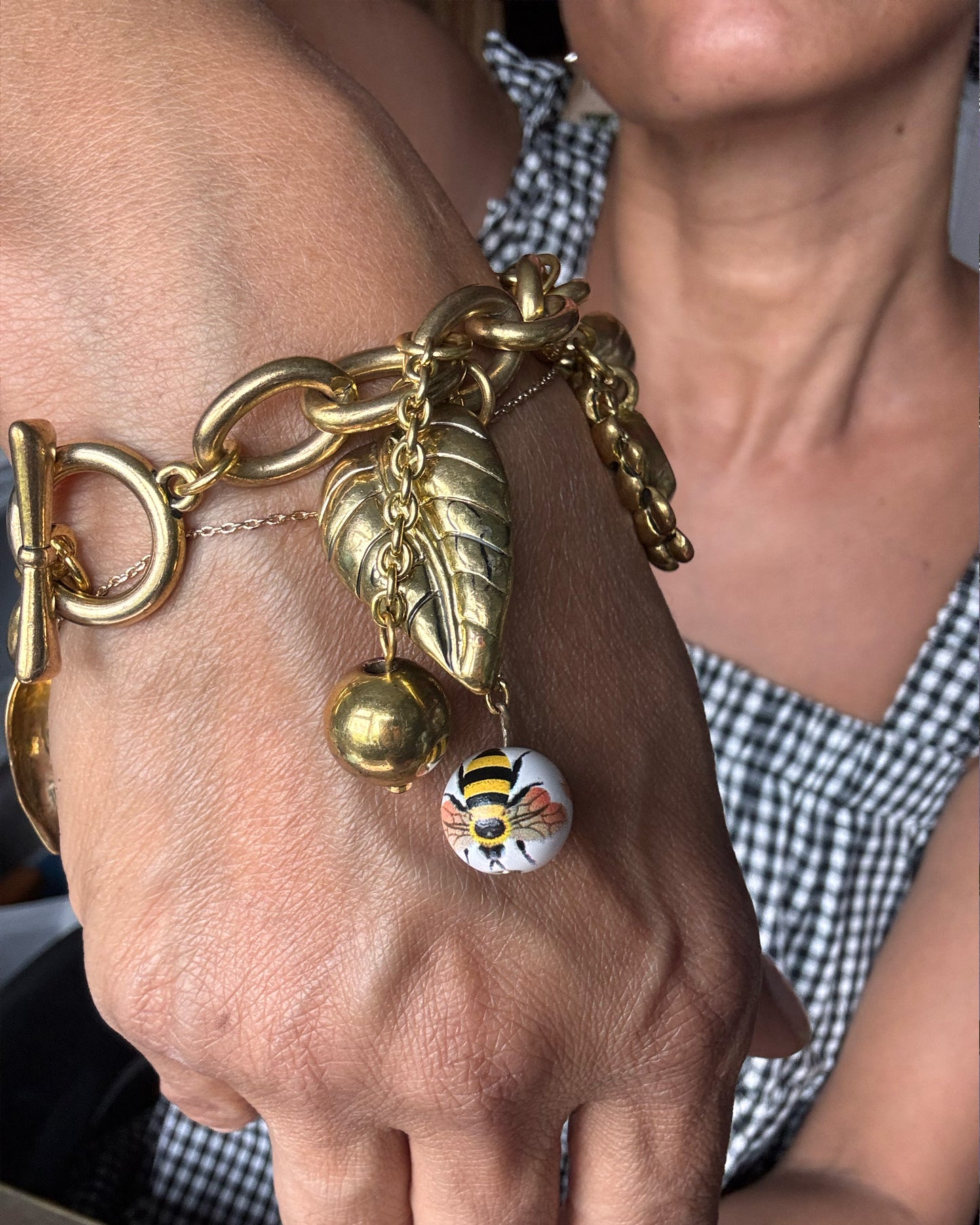 Gold-Tone Chunky Flower,ladybird & Bee Charm Bracelet