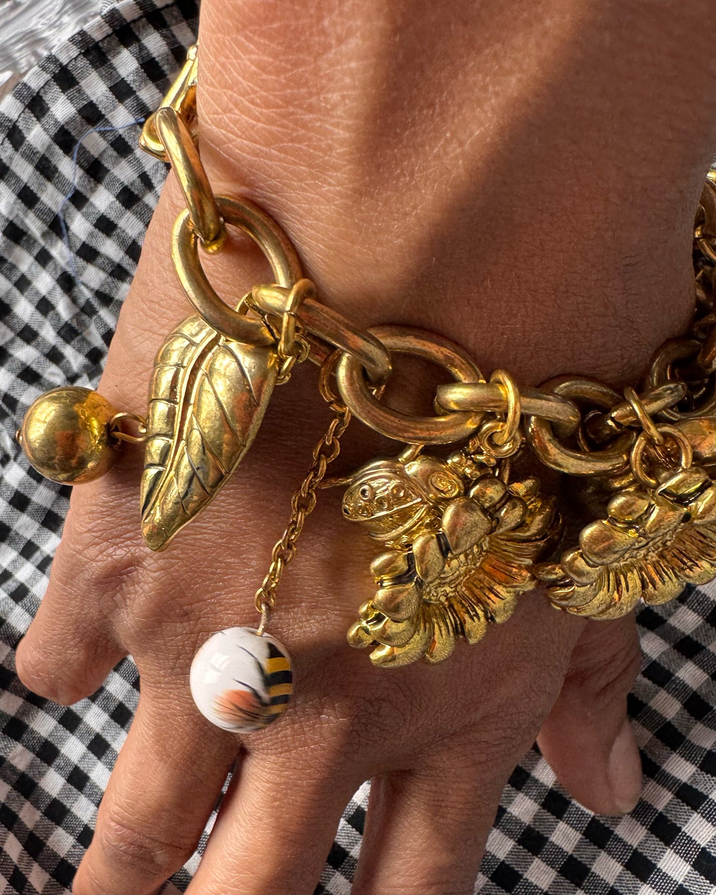 Gold-Tone Chunky Flower,ladybird & Bee Charm Bracelet