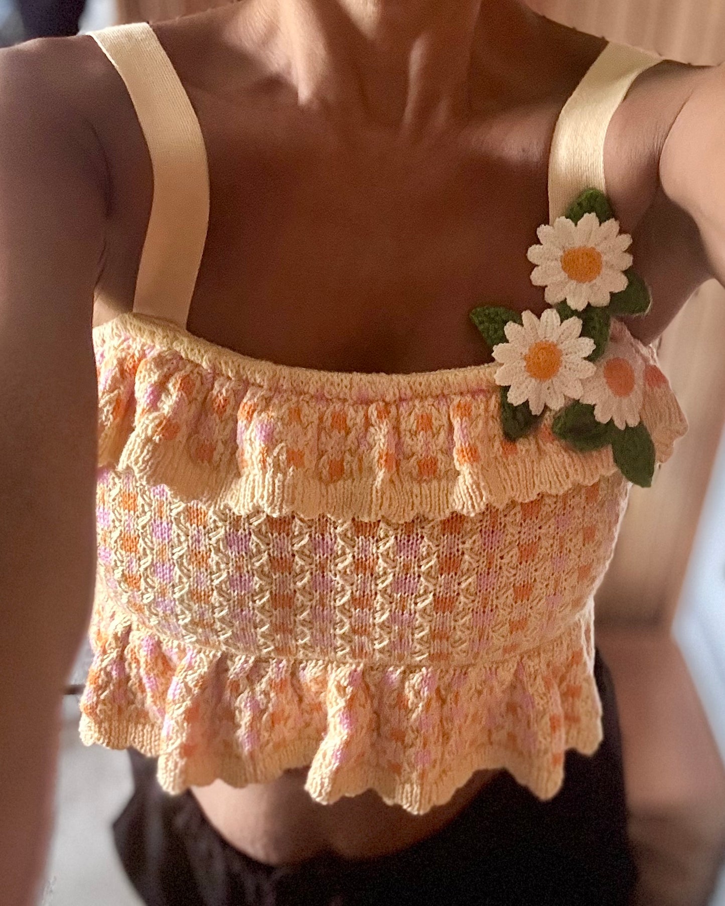 Knitted frill hem cropped square neck top with daisy crochet flower