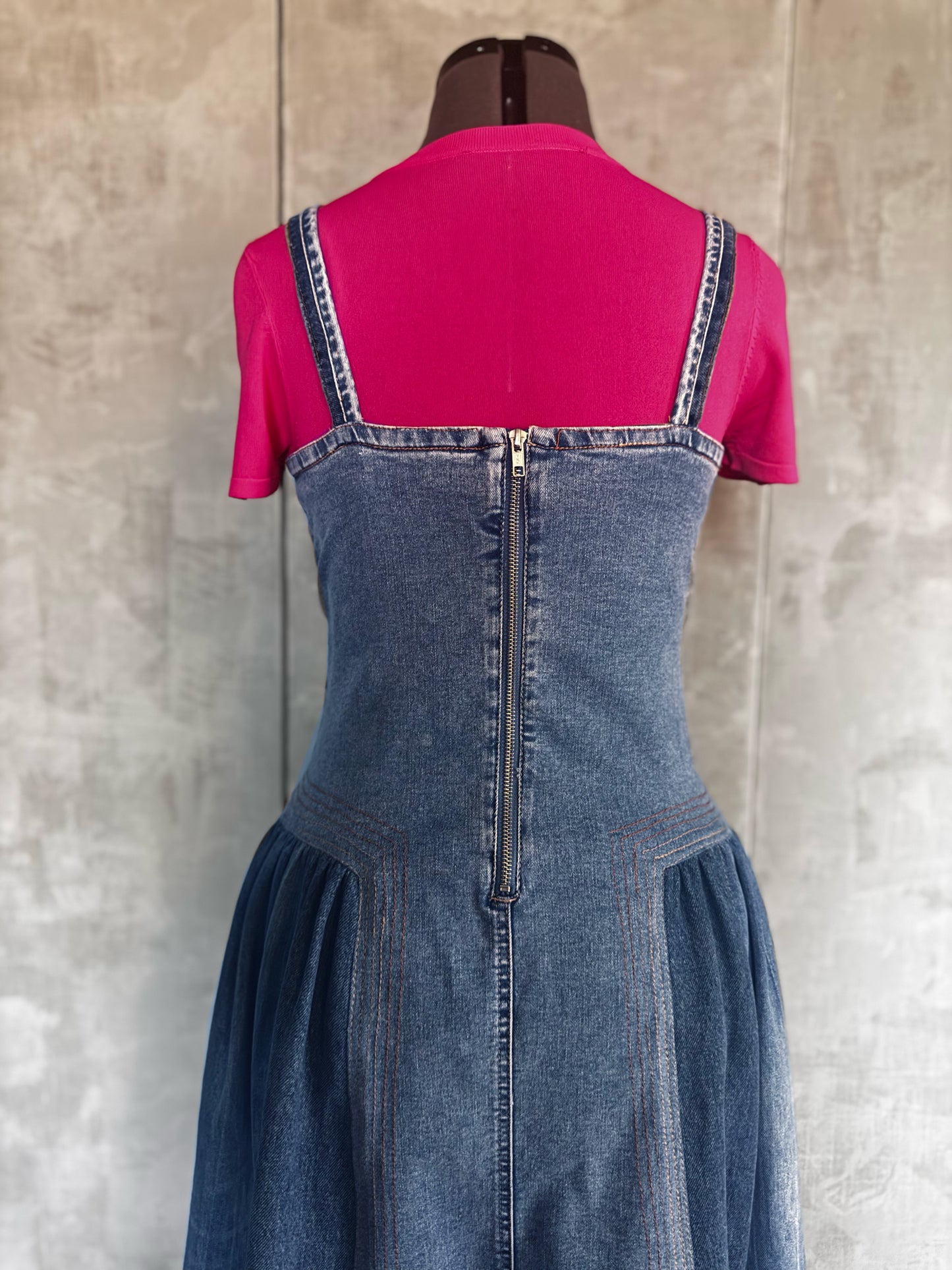 Denim maxi dress, multi tone denim, dog and cat pockets