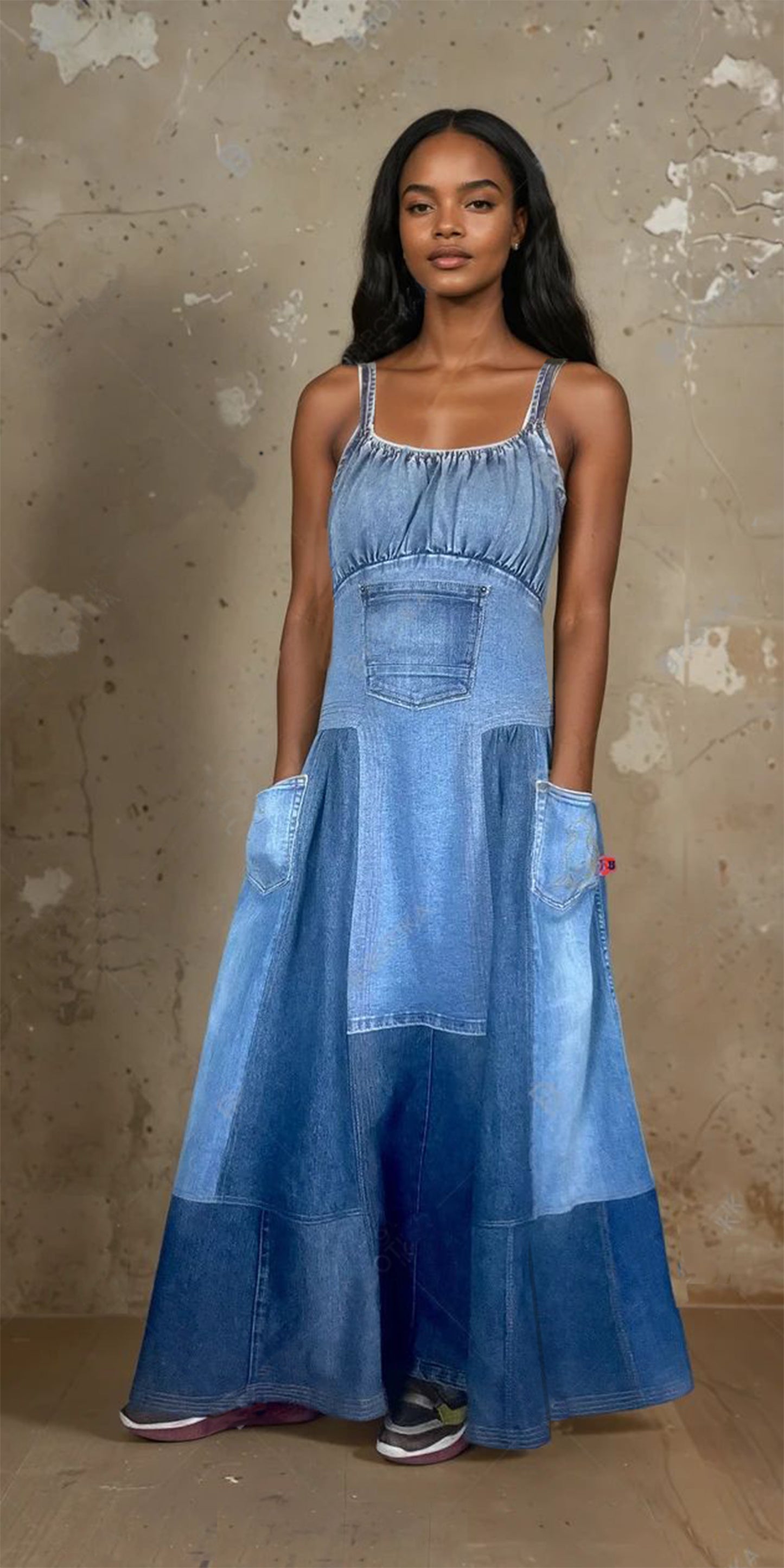 Denim maxi dress, multi tone denim, dog and cat pockets