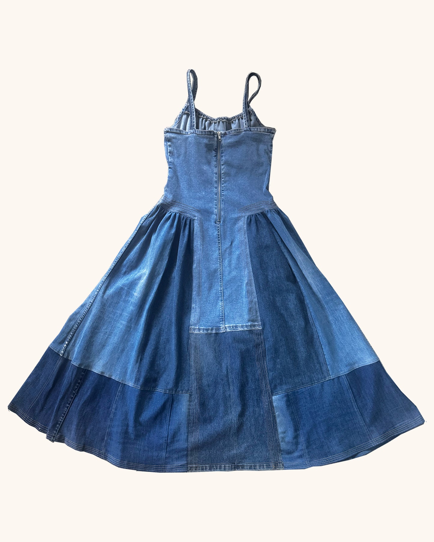 Denim maxi dress, multi tone denim, dog and cat pockets