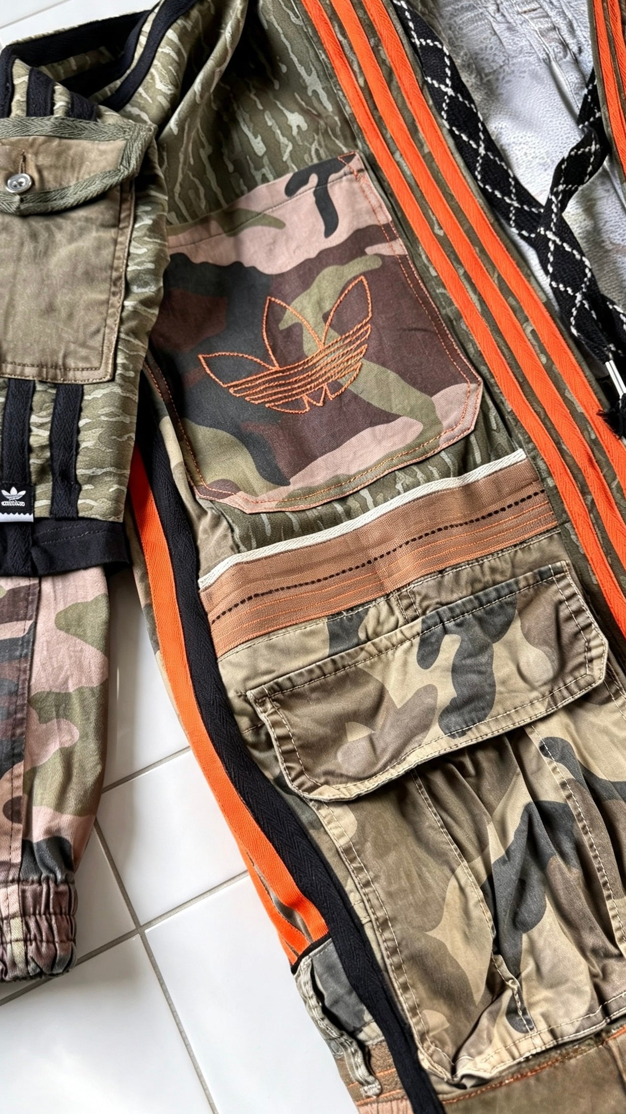 Kimono with Camo print Khaki orange trim Utility pockets and hood