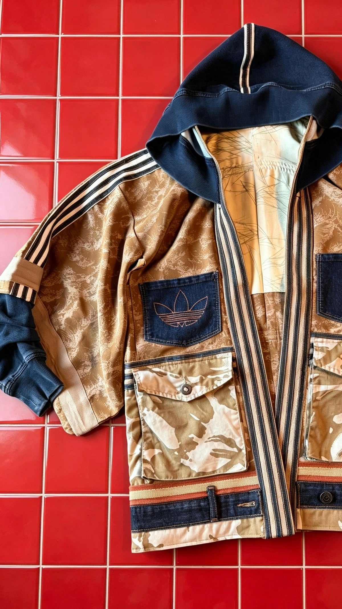 Hooded Denim Haori Kimono with Neutral Camo