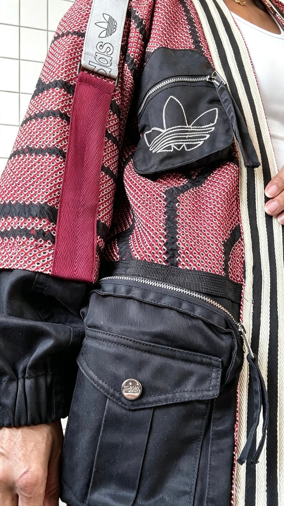 Red, Black &amp; Ivory Haori Kimono with Black Cargo Detailing
