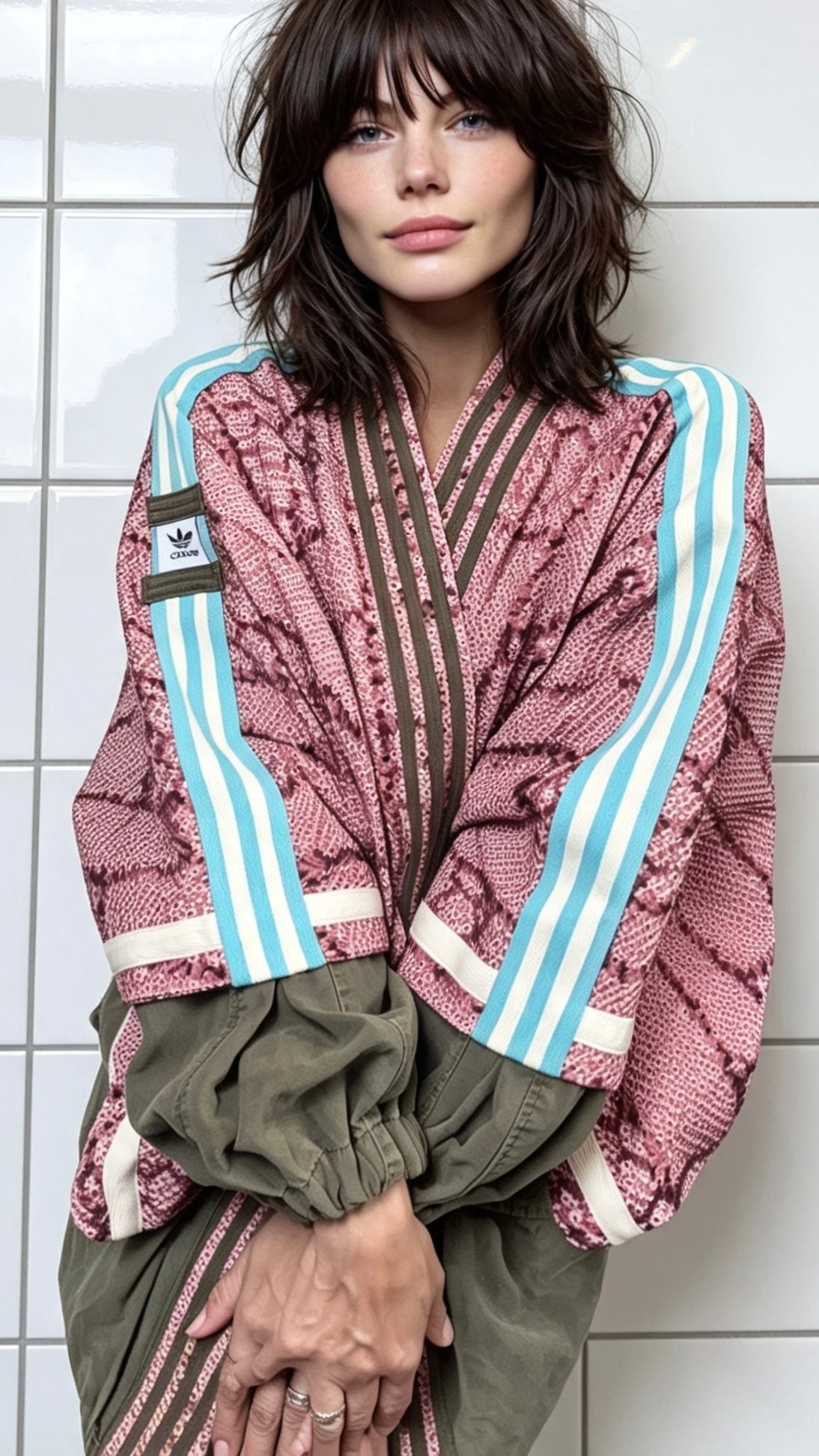 Dusky Pink Kimono with Olive green cargo pocket and blue stripeDusky Pink Textured Silk Kimono Cargo Jacket | Reworked Designer-Inspired Statement Piece
