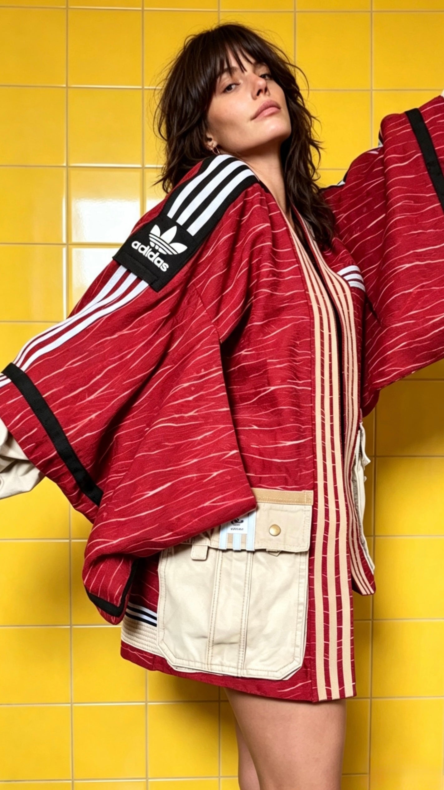Deep Red Soft Washed Silk Kimono Cargo Jacket | Handmade Reworked Adidas Luxury Streetwear