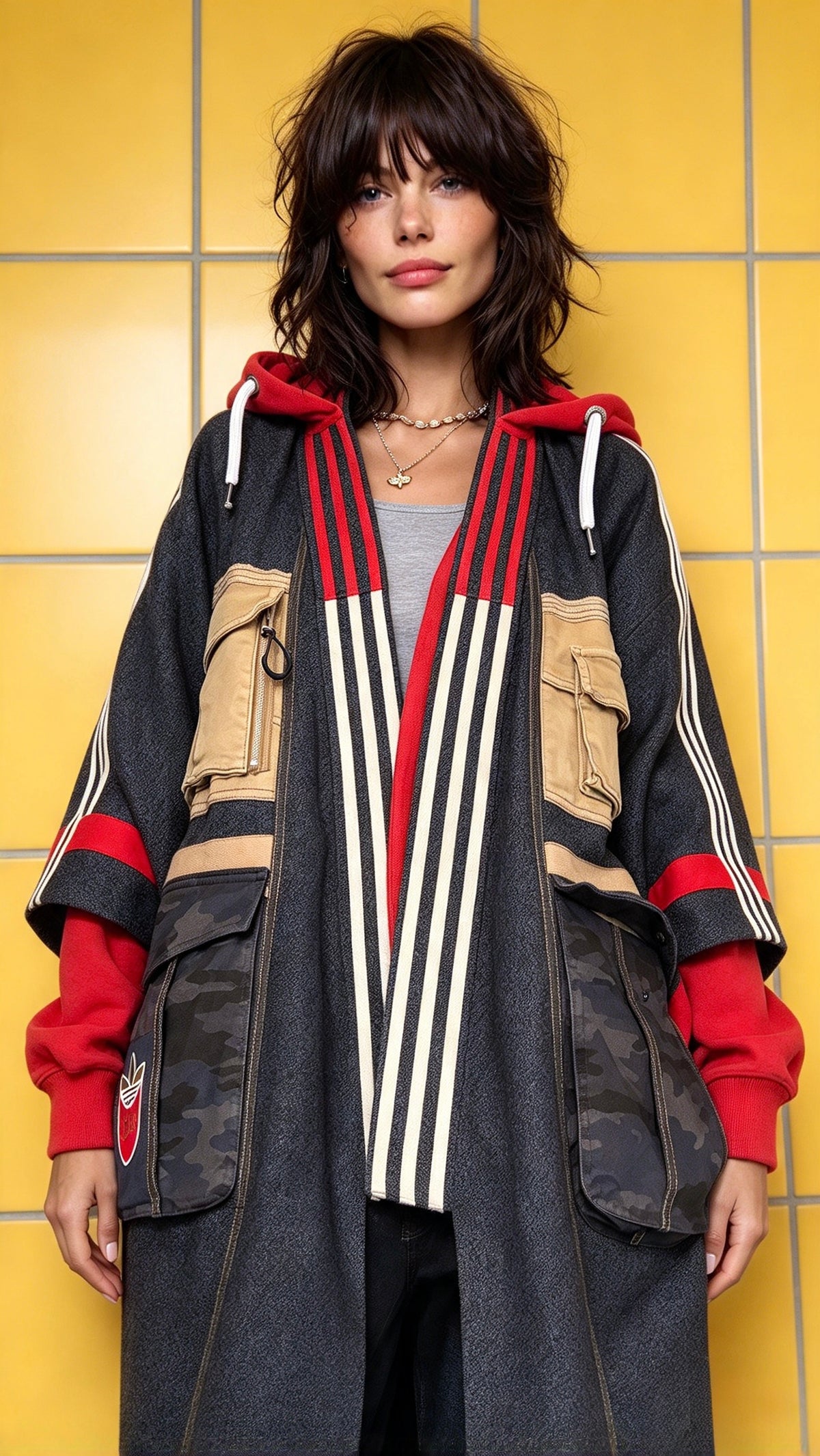 Oversized Wool Adidas Kimono – Hooded Retro Patchwork Utility Coat BLUE & RED