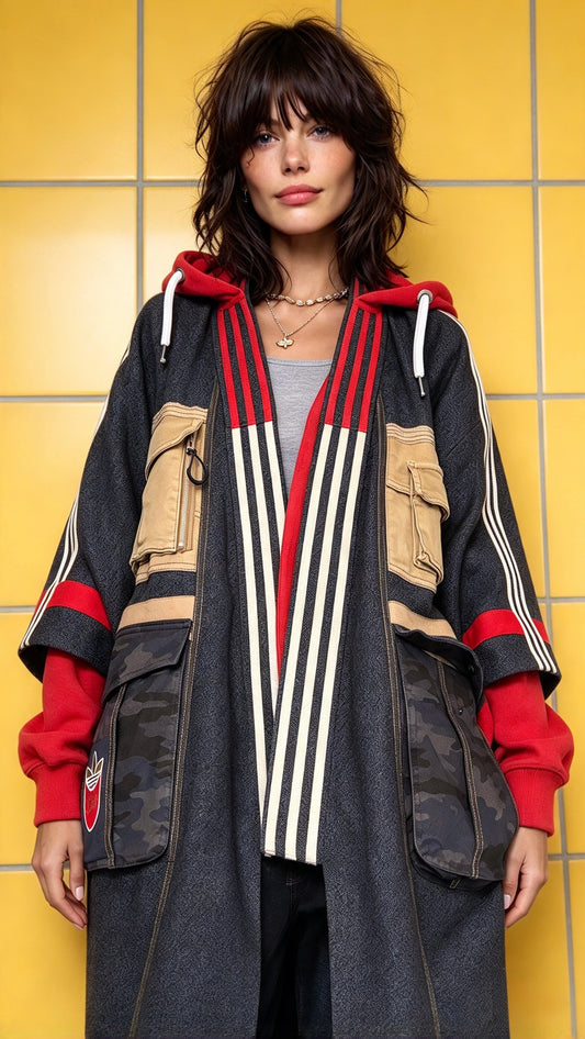 Oversized Wool Adidas Kimono – Hooded Retro Patchwork Utility Coat BLUE & RED
