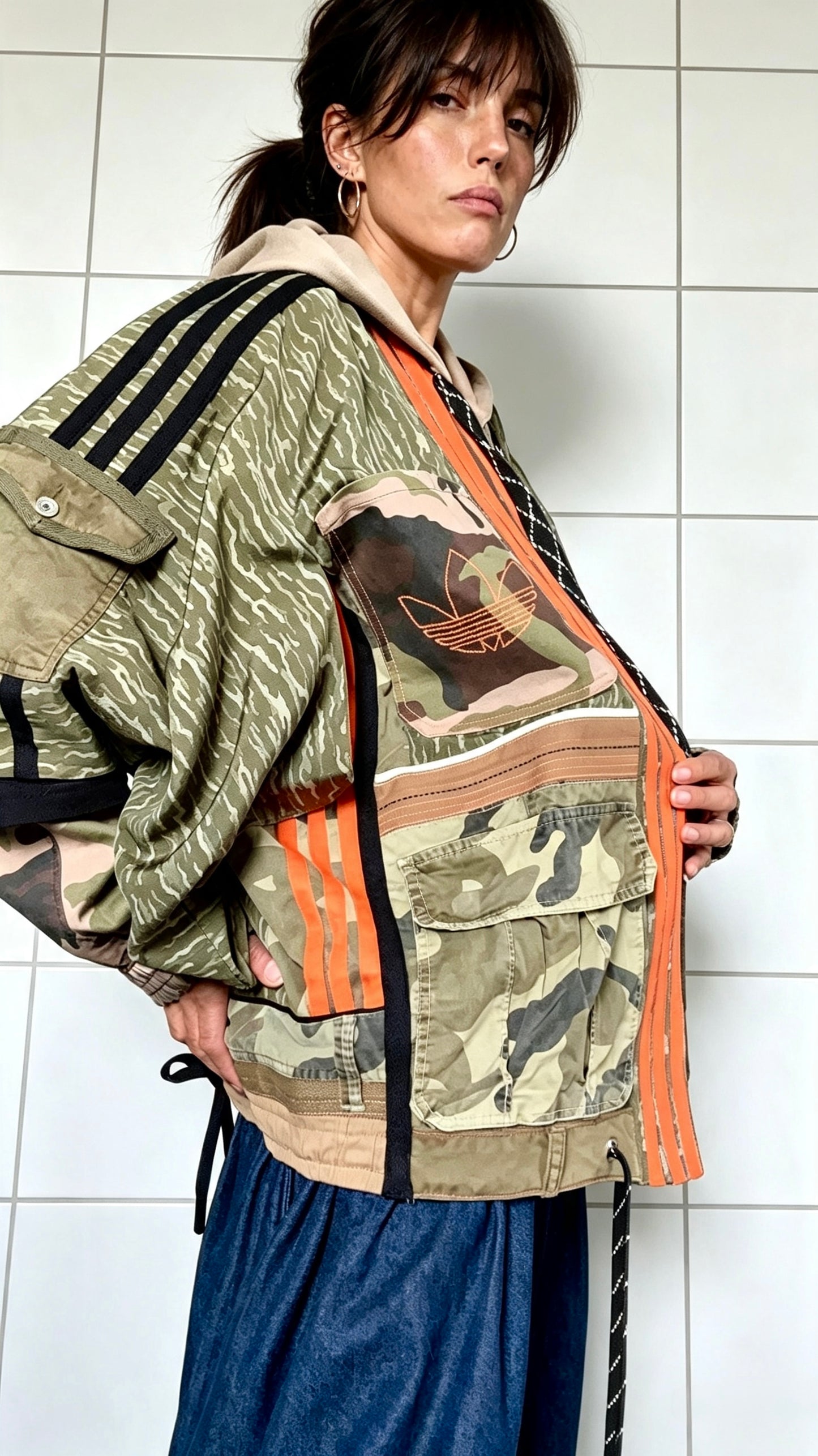 Kimono with Camo print Khaki orange trim Utility pockets and hood
