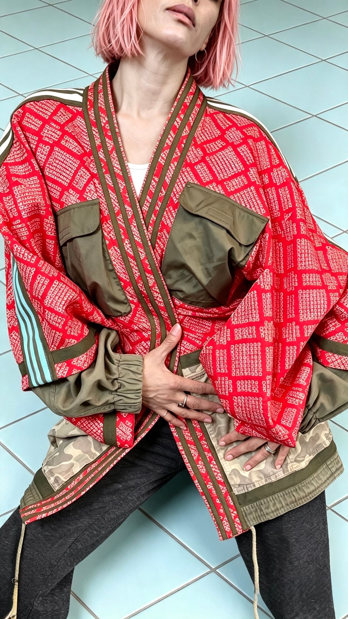 Red Haori kimono with camo utility detailing