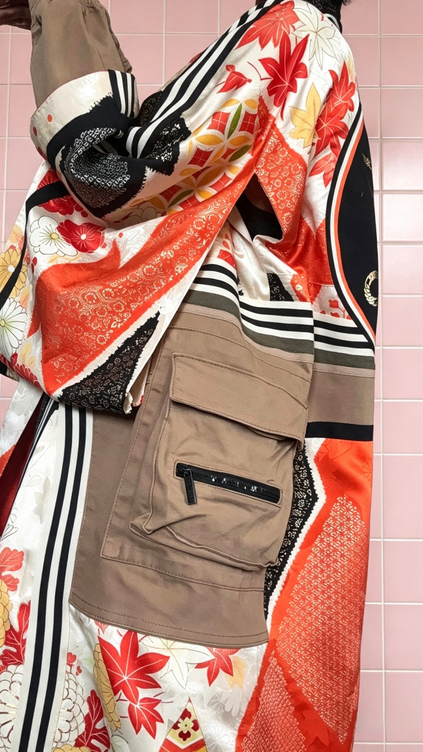 One-of-a-Kind Reworked Silk longline Kimono Cargo Jacket
