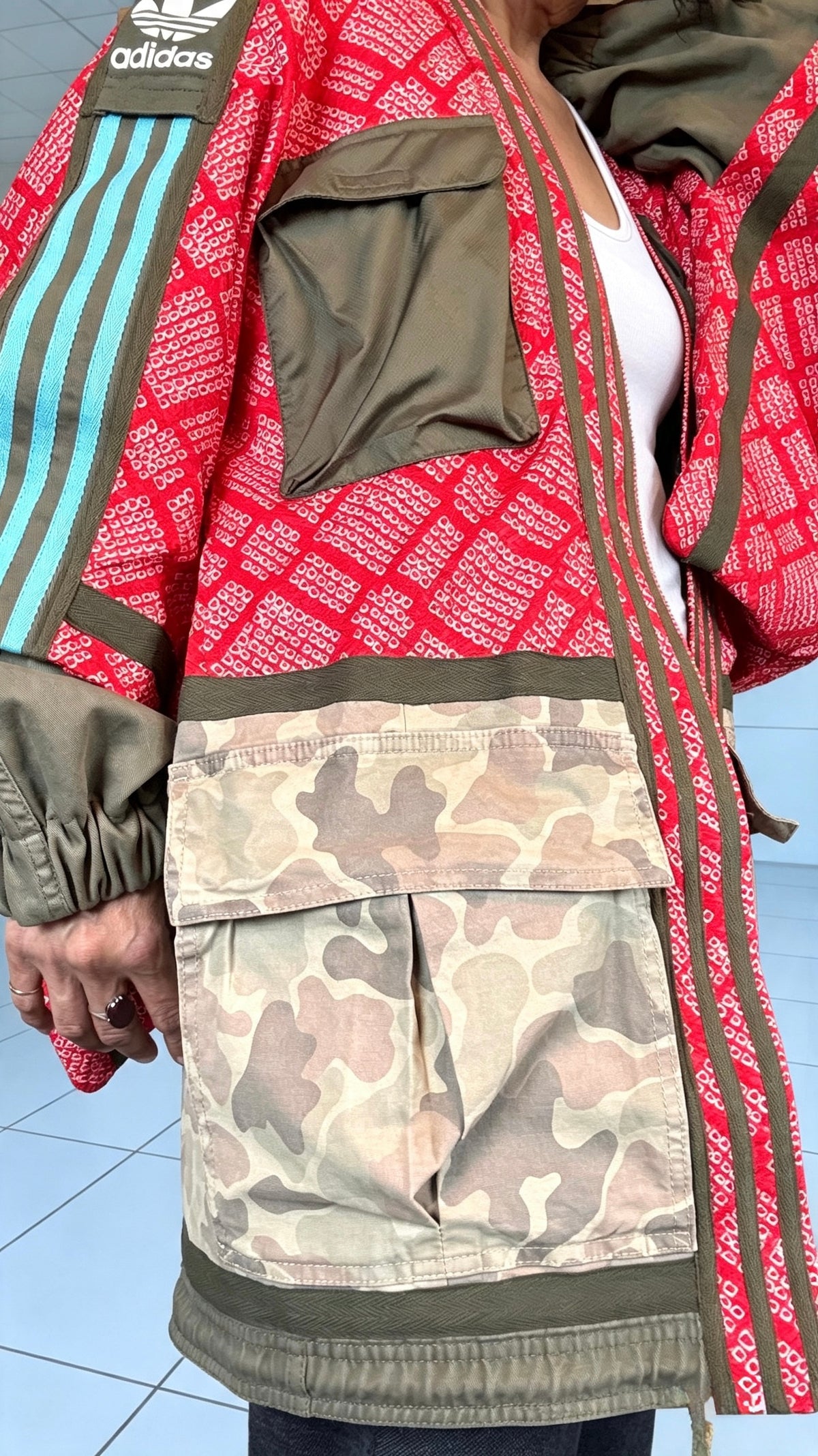 Red Haori kimono with camo utility detailing