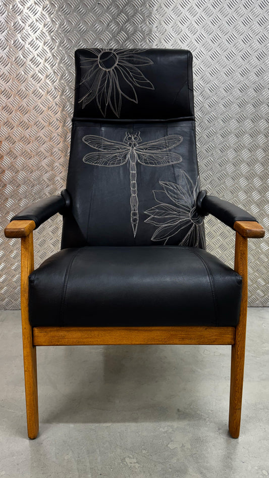 Parker Knoll- Black Leather-dragonfly and floral embroidery