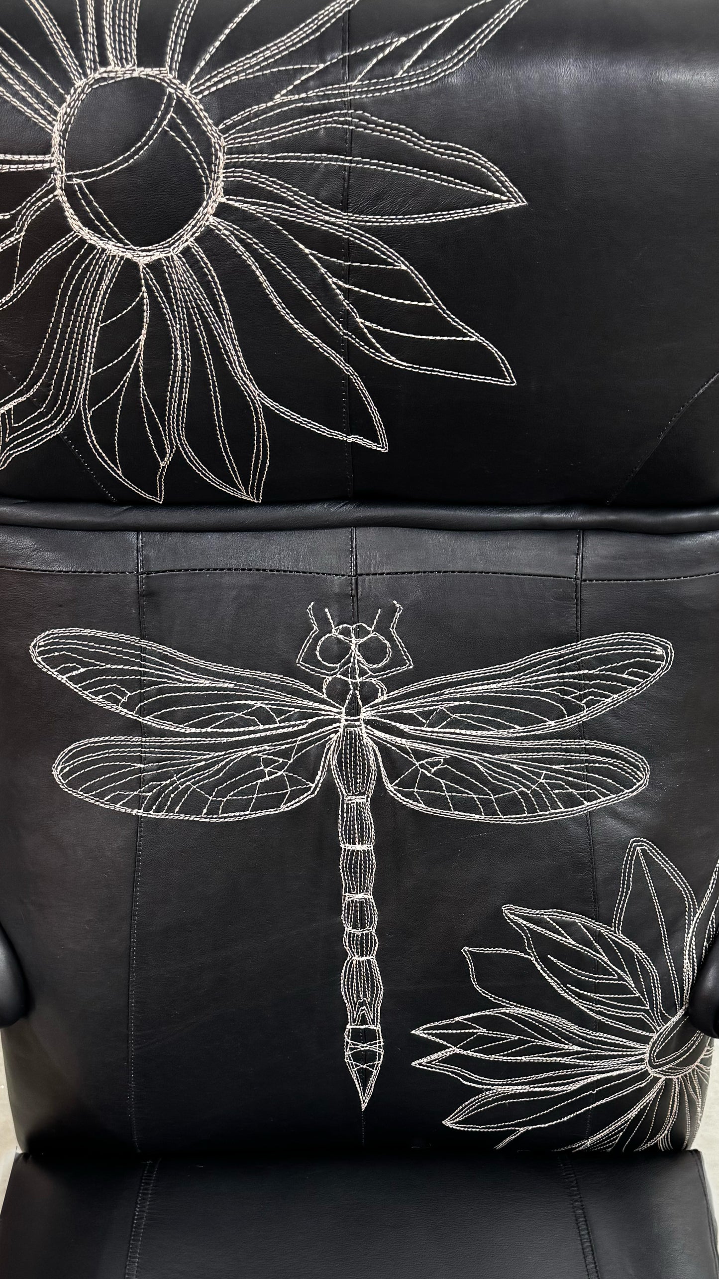 Parker Knoll- Black Leather-dragonfly and floral embroidery