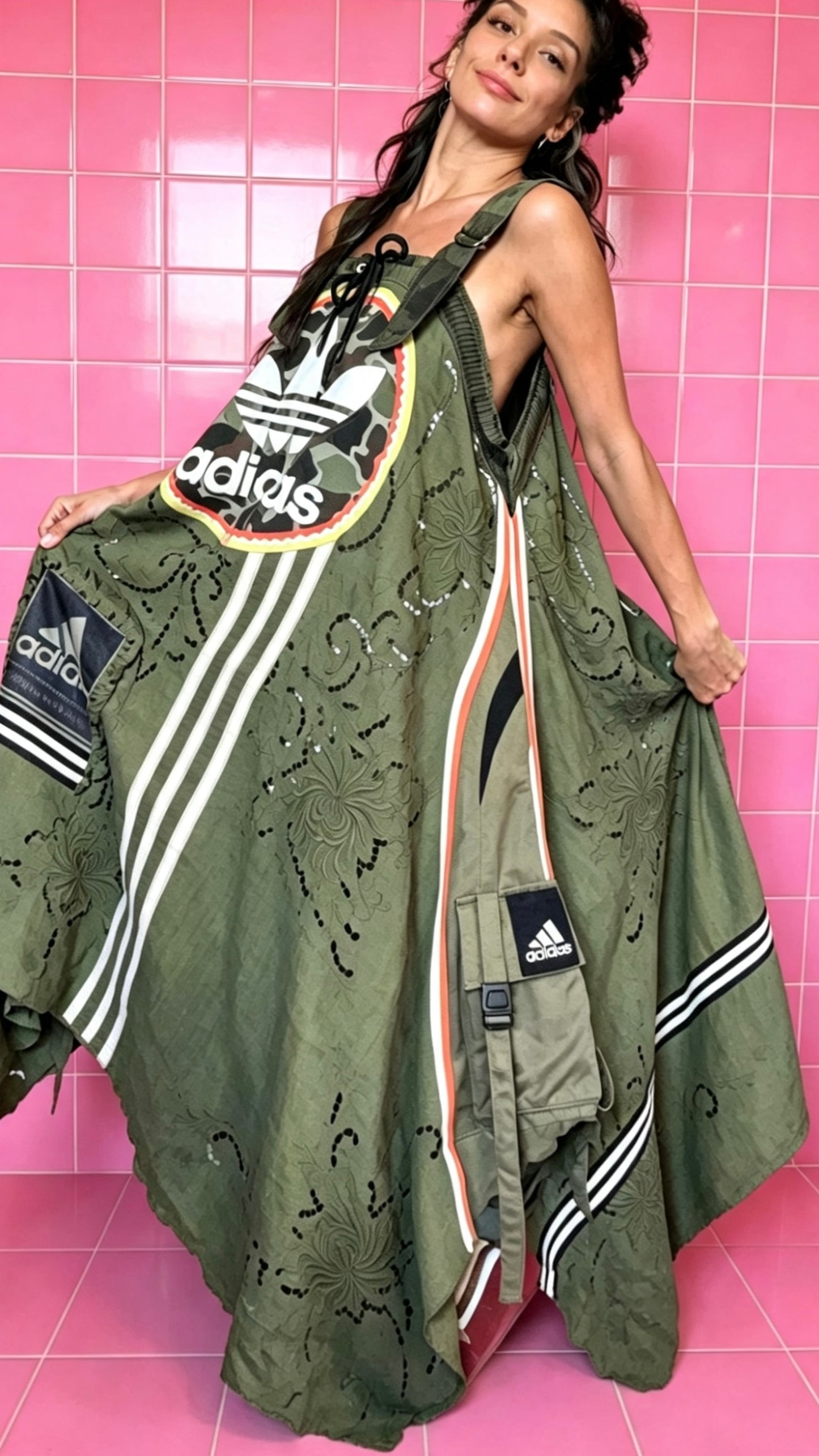 Khaki Camo Adidas Lace Dress | Handmade Upcycled Festival Dress | One Size Utility Swing Dress