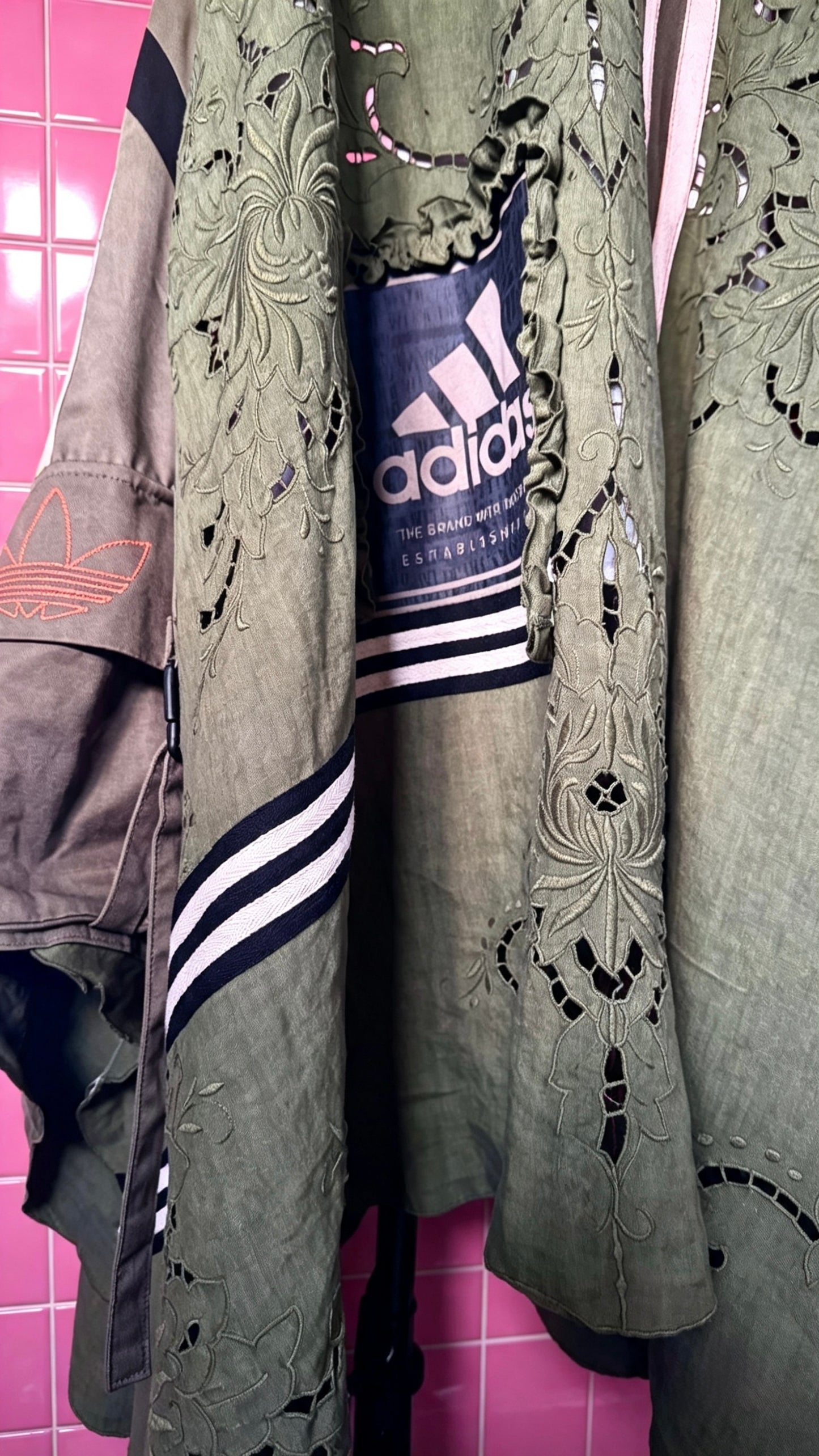 Khaki Camo Adidas Lace Dress | Handmade Upcycled Festival Dress | One Size Utility Swing Dress