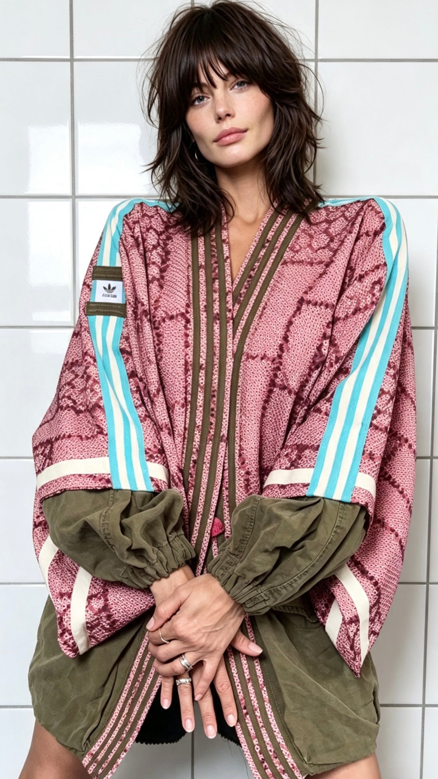 Dusky Pink Kimono with Olive green cargo pocket and blue stripeDusky Pink Textured Silk Kimono Cargo Jacket | Reworked Designer-Inspired Statement Piece