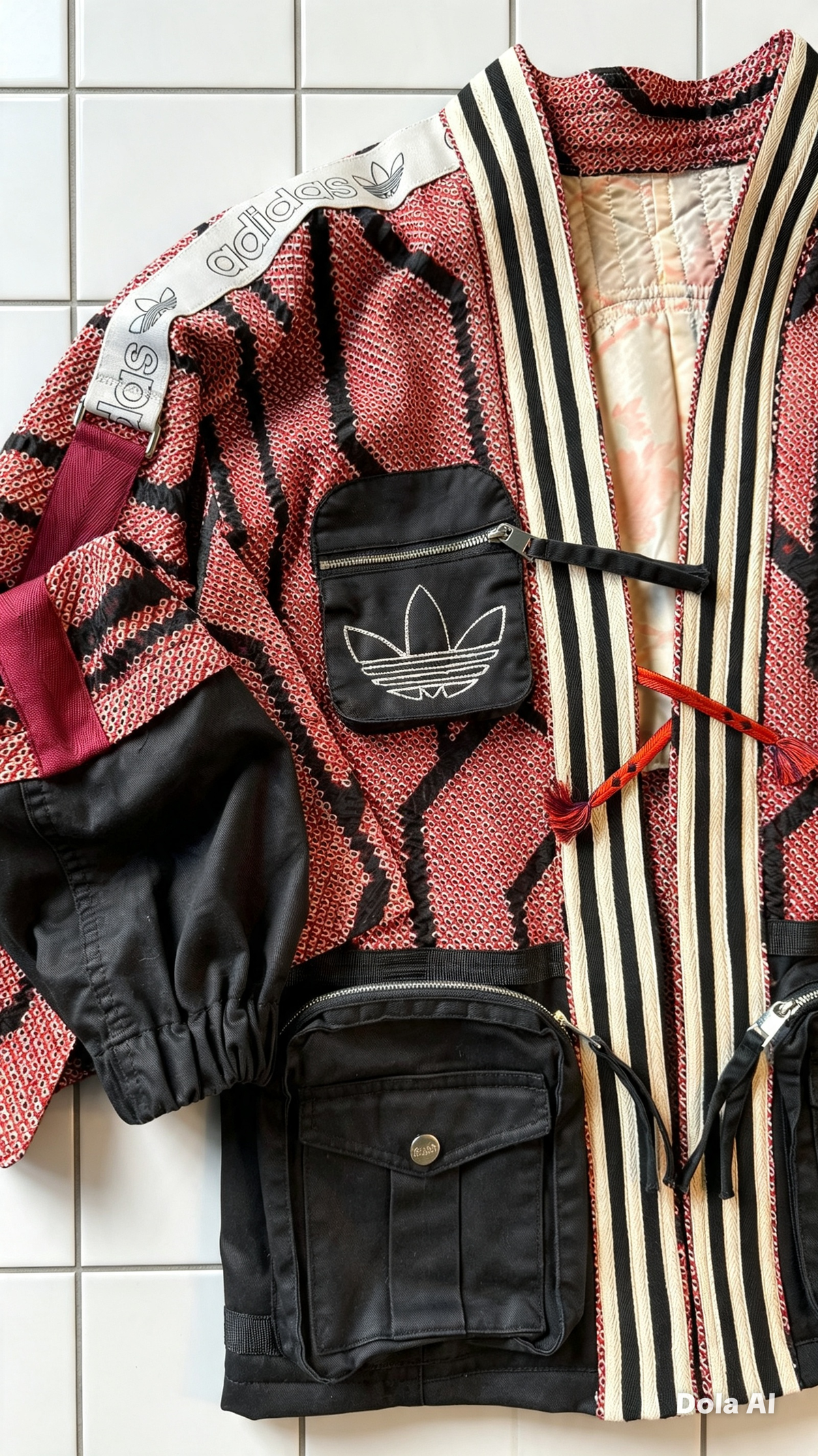 Red, Black &amp; Ivory Haori Kimono with Black Cargo Detailing