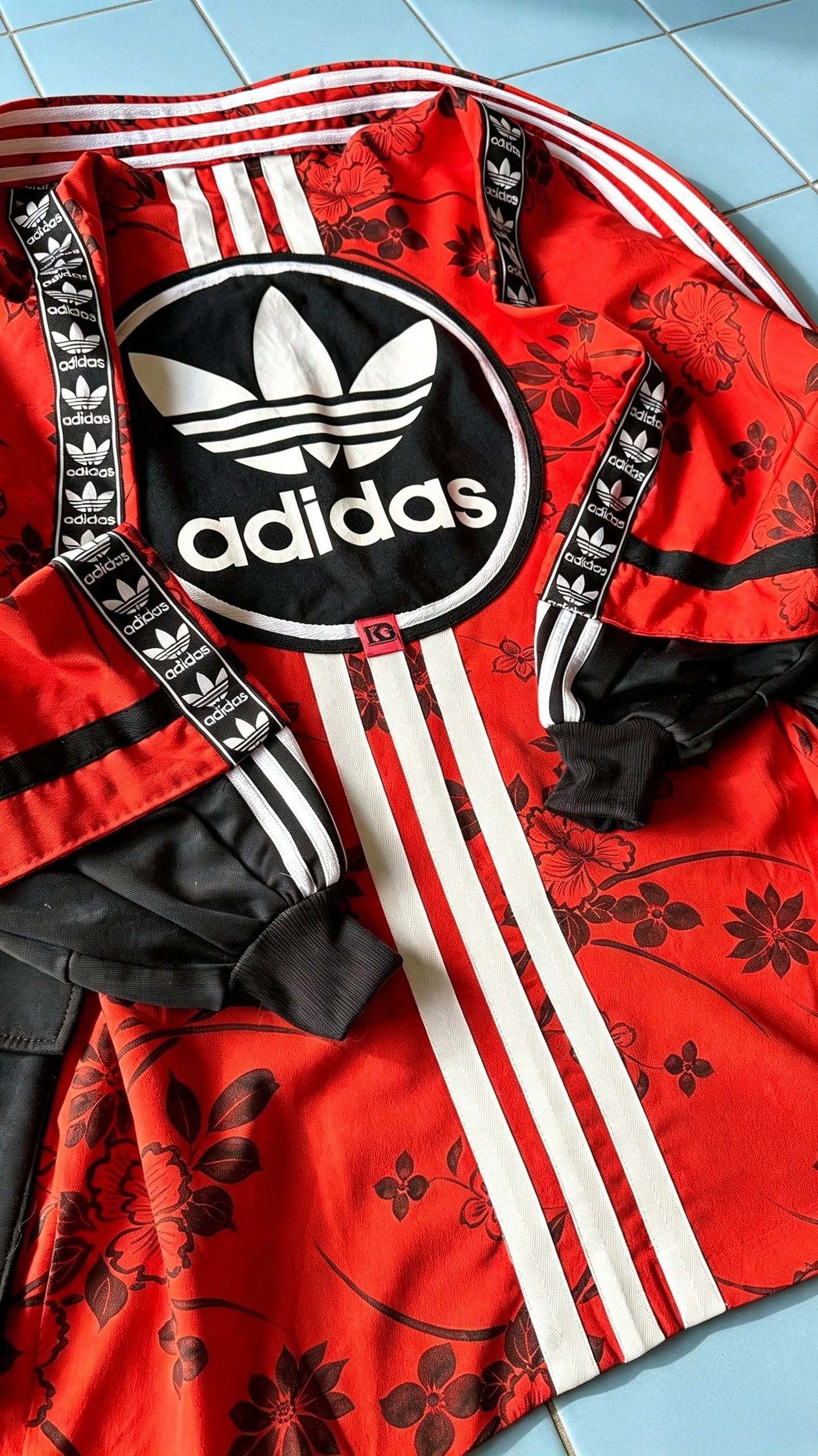 Deep Orange Floral Silk Kimono — Adidas Rework