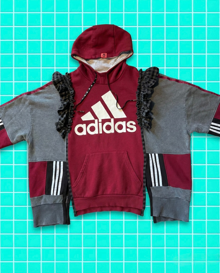 Adidas Reworked hoodie-smiley face reverse applique detail, gingham frill on sleeve grey and burgundy