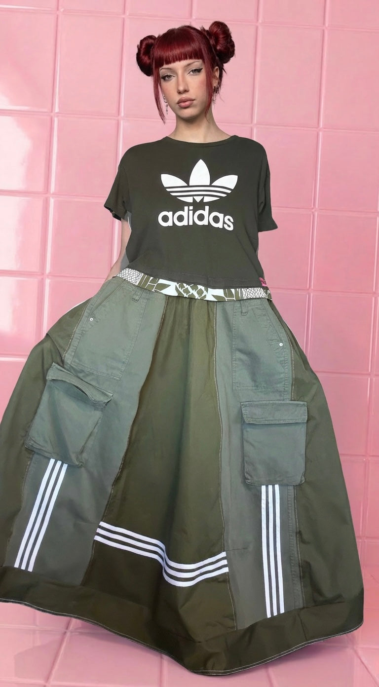 Reworked Adidas Khaki Green Maxi Dress | Oversized Trapeze Cargo Dress | 8 Pocket Utility Dress | Stripe Detail | One Size