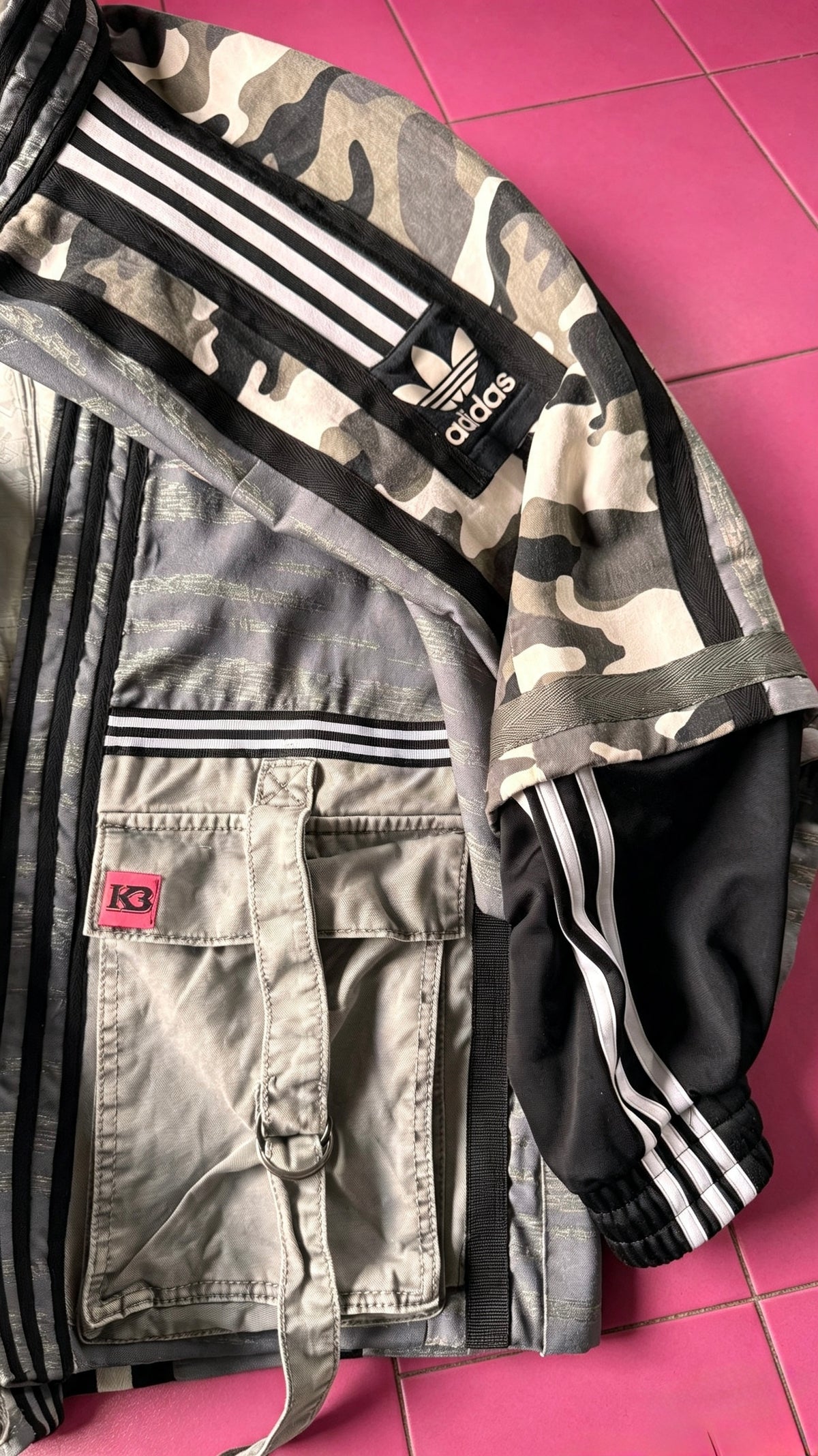 Blue/Grey, Black, White &amp; Grey Haori Kimono with Grey Cargo Detailing