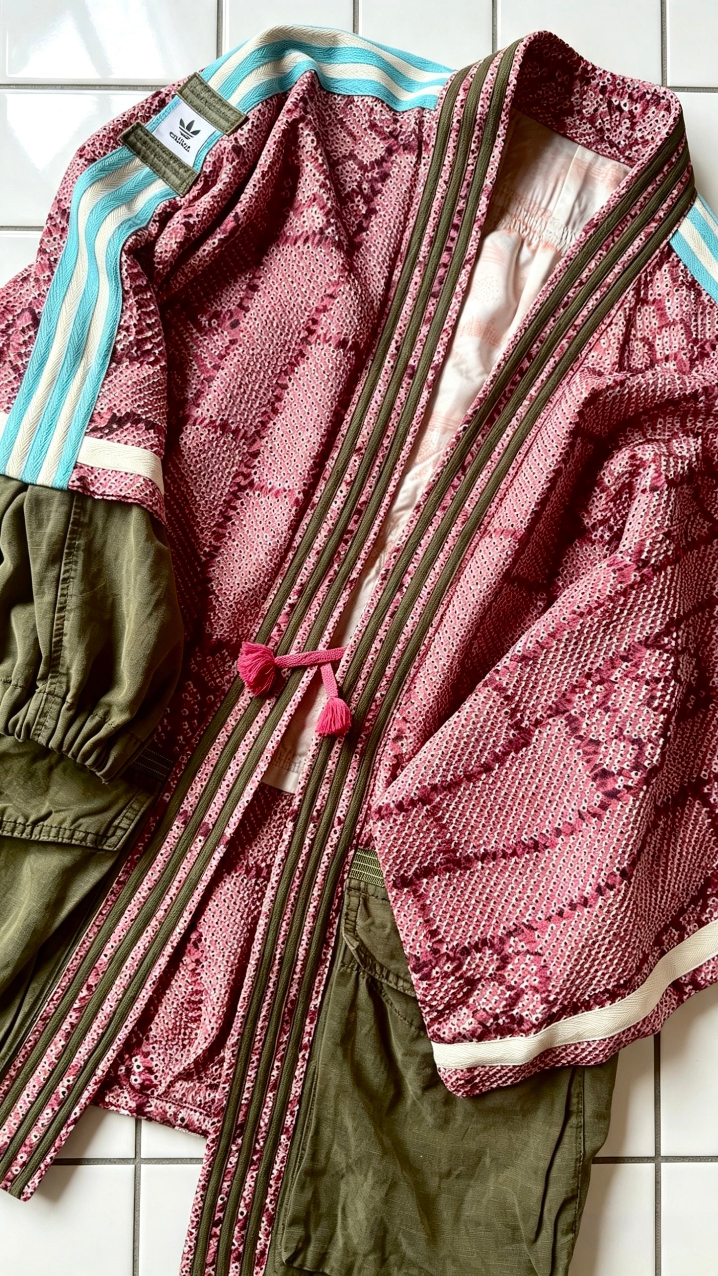 Dusky Pink Kimono with Olive green cargo pocket and blue stripeDusky Pink Textured Silk Kimono Cargo Jacket | Reworked Designer-Inspired Statement Piece