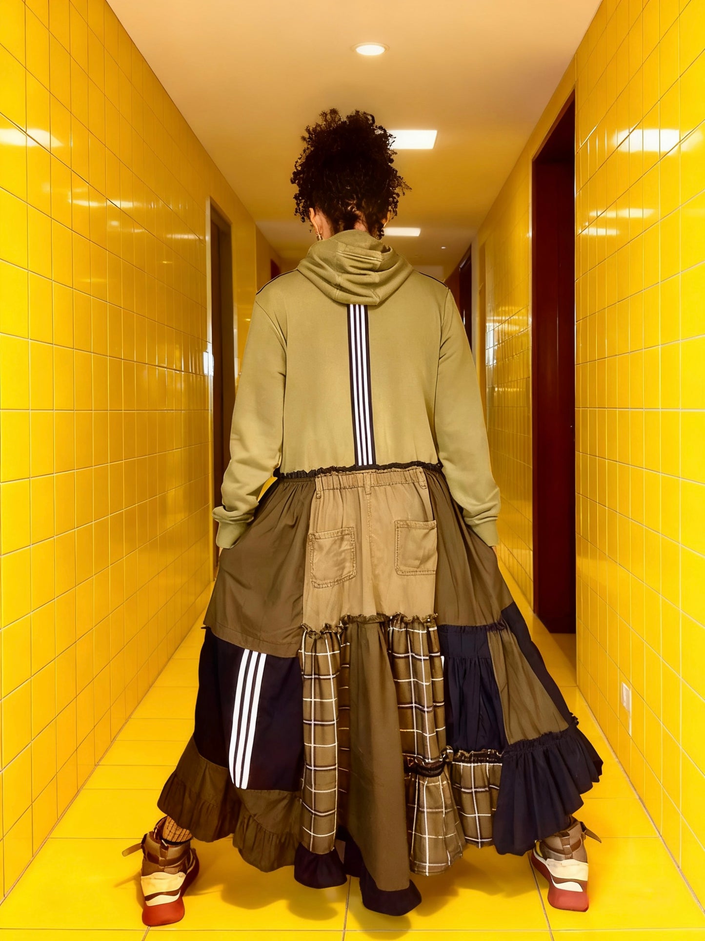 Adidas-khaki patchwork, check and plain hoodie- Handmade