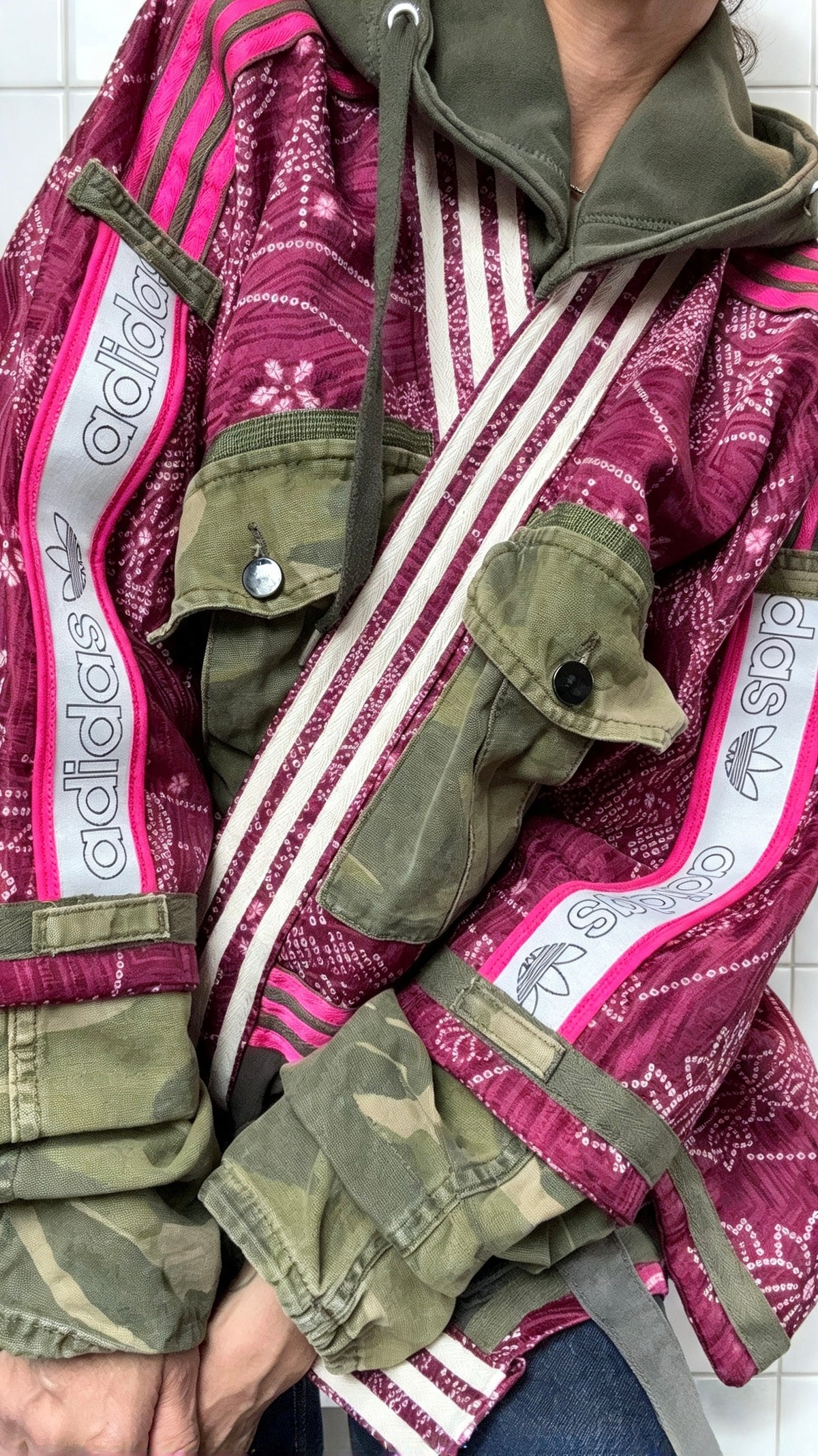 Burgundy Kimono Adidas logo - khaki hooded