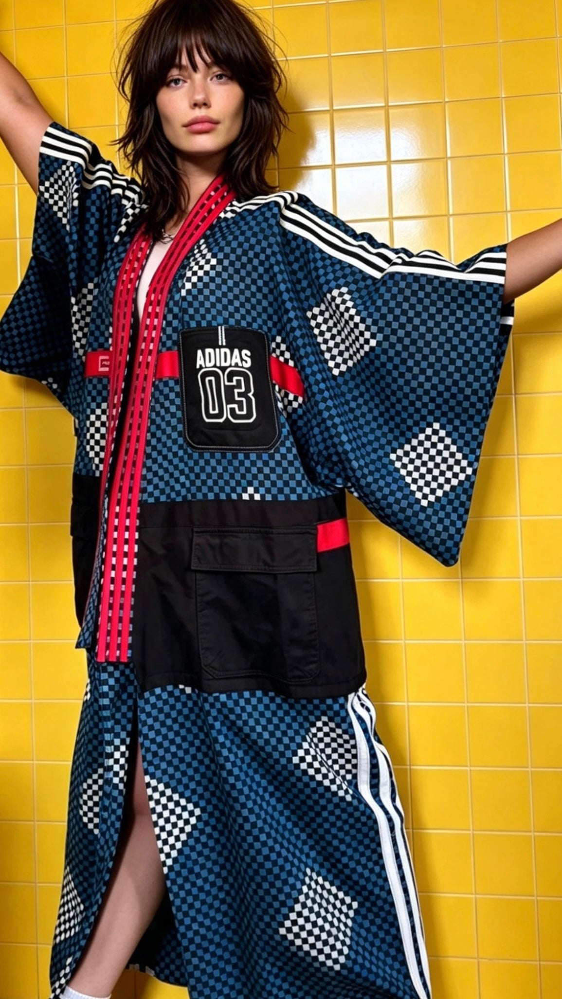 Adidas Reworked Longline Check Kimono-cotton