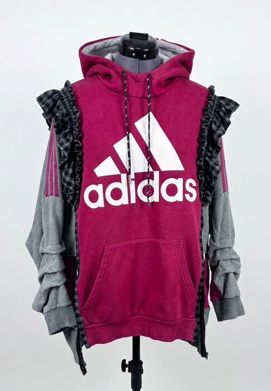 Adidas Reworked hoodie-smiley face reverse applique detail, gingham frill on sleeve grey and burgundy