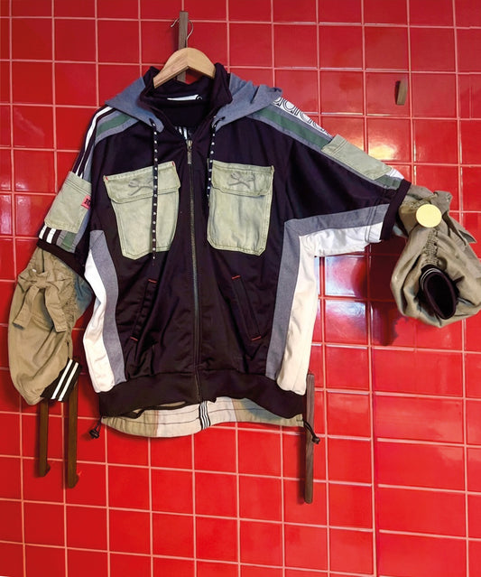 Reimagined Adidas Hoodie | One of a Kind Reworked Sportswear | Denim Back Hoodie with Detachable Hood | Sustainable Upcycled Clothing ONE SIZE